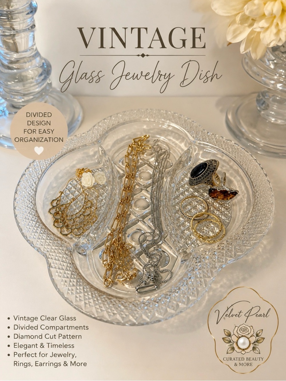 ✨ Vintage Divided Glass Jewelry Dish | 3-Section Vanity Tray | Imprinted Glass
